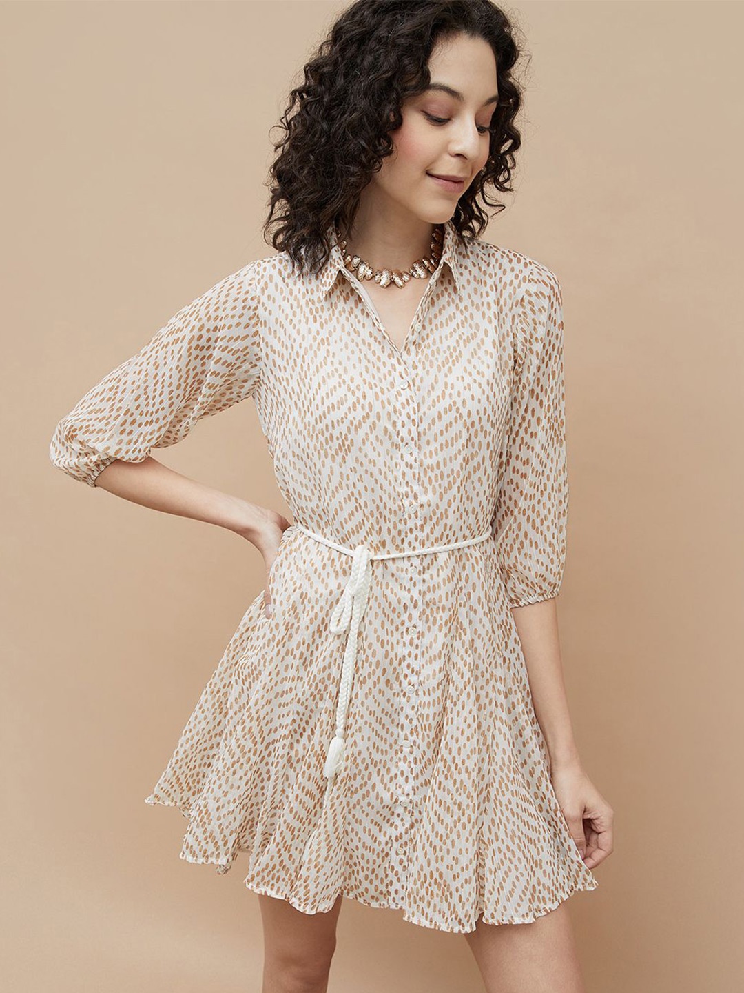 

Colour Me by Melange Women Polka Dots Printed Fit & Flare Above Knee Dress, Brown