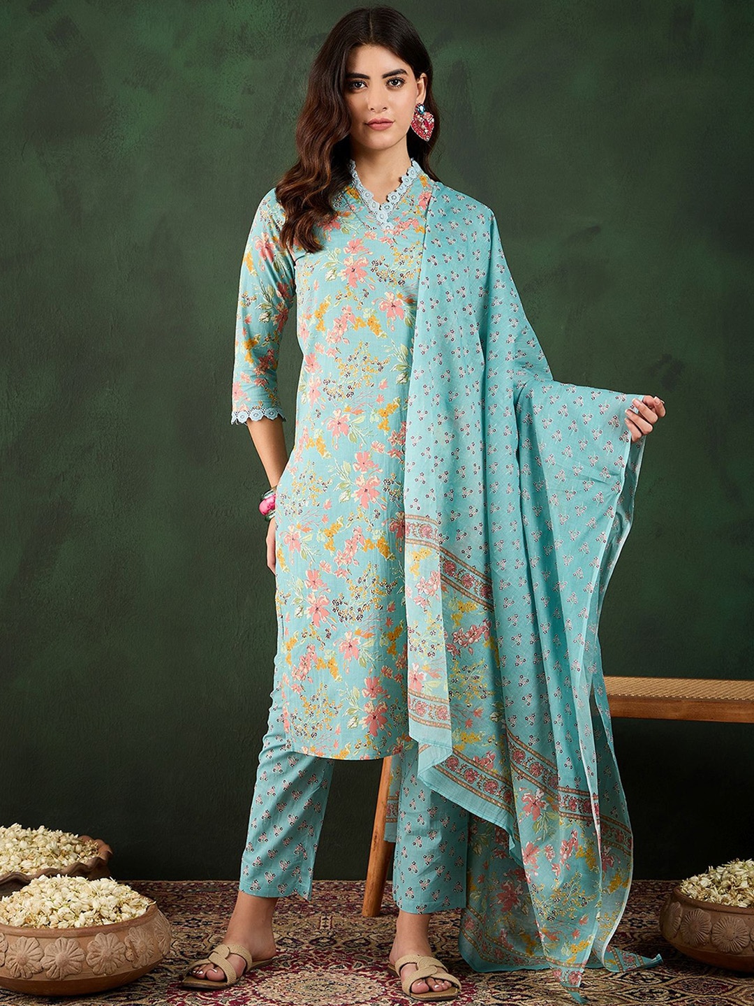 

BANDIA Floral Printed Sequinned Pure Cotton Straight Kurta With Trouser & Dupatta, Sea green