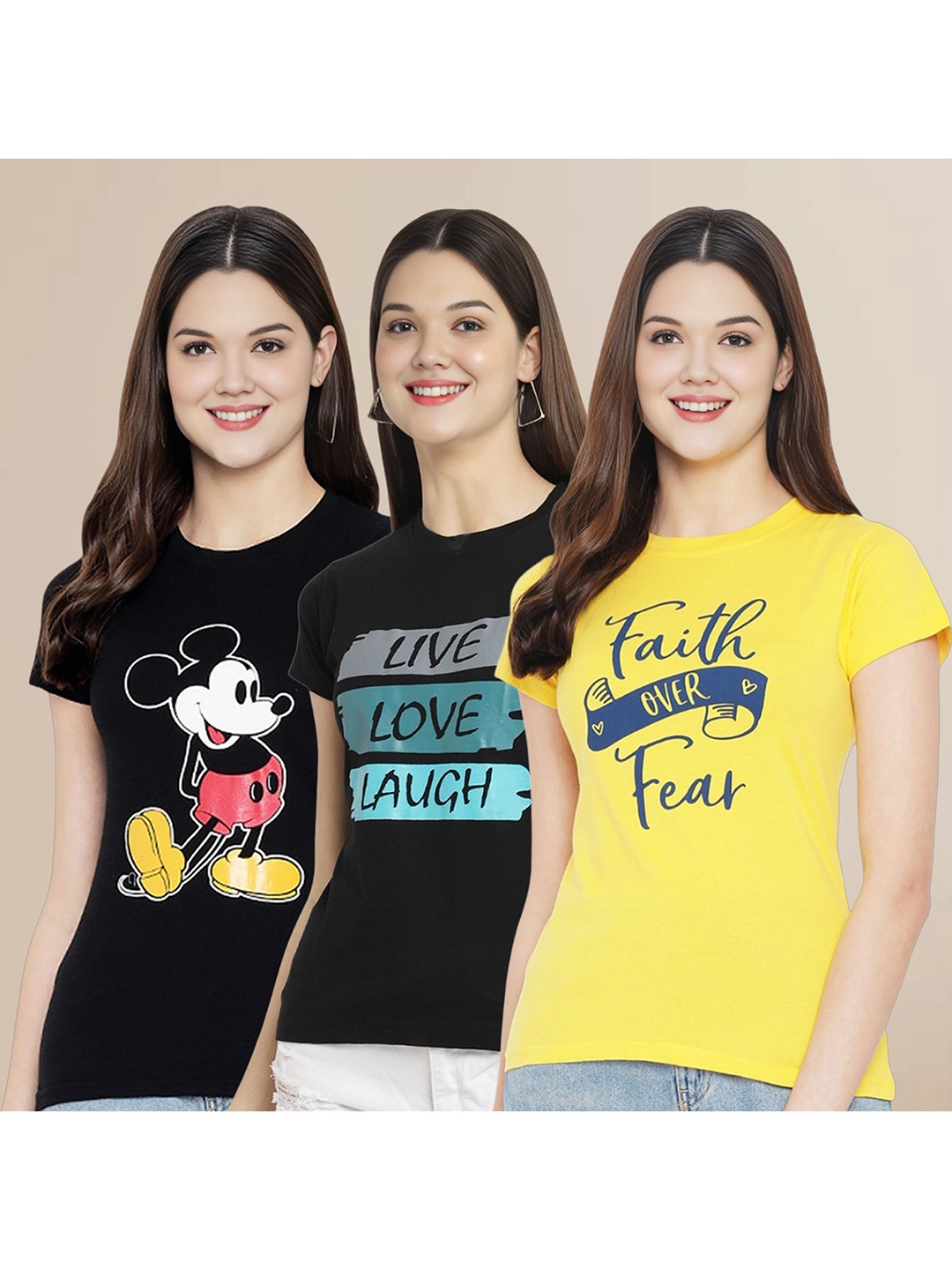 

Metronaut Women Pack Of 3 Typography Printed Round Neck Cotton Mickey Mouse T-shirts, Black