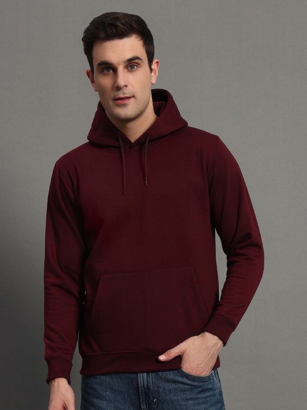 

RISS Men Solid Cotton Hooded Sweatshirt, Maroon