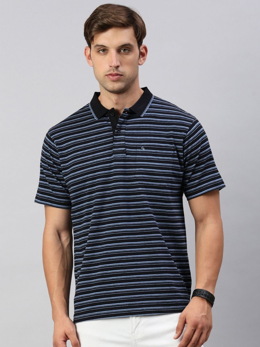 

Classic Polo Men Striped Polo Collar Cotton T-shirt, Navy blue