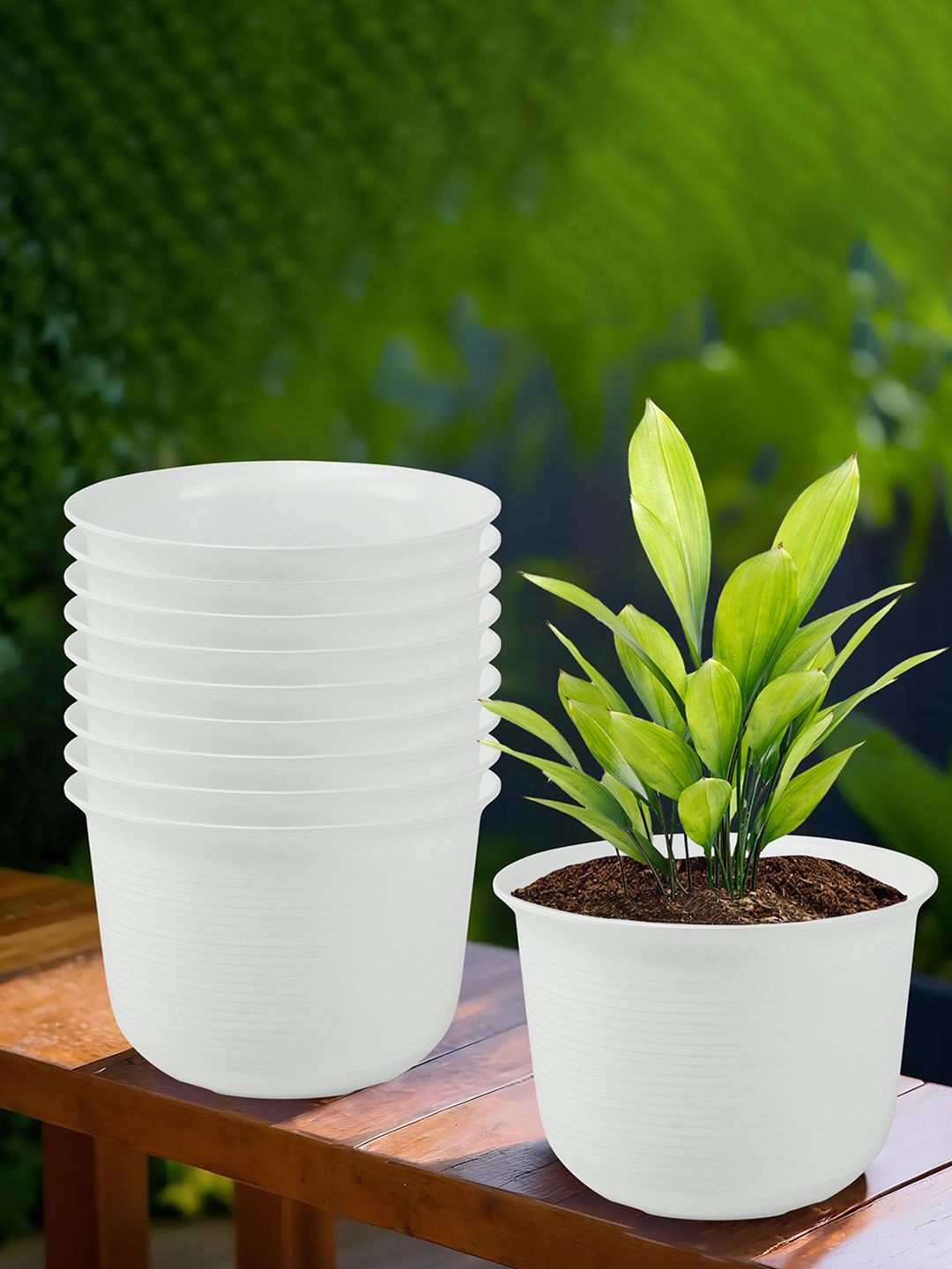

Kuber Industries White 10 Pieces Textured Planters with Plate