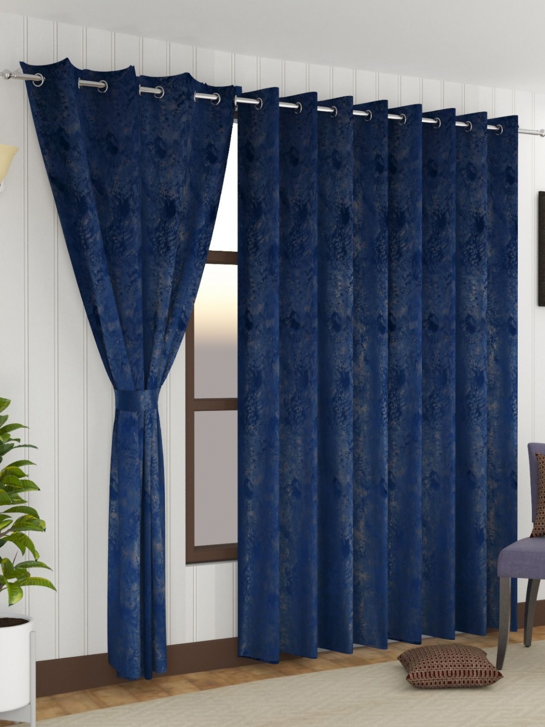 

Florida Cambridge Navy Blue & White 2 Pieces Long Door Velvet Room Darkening Curtain