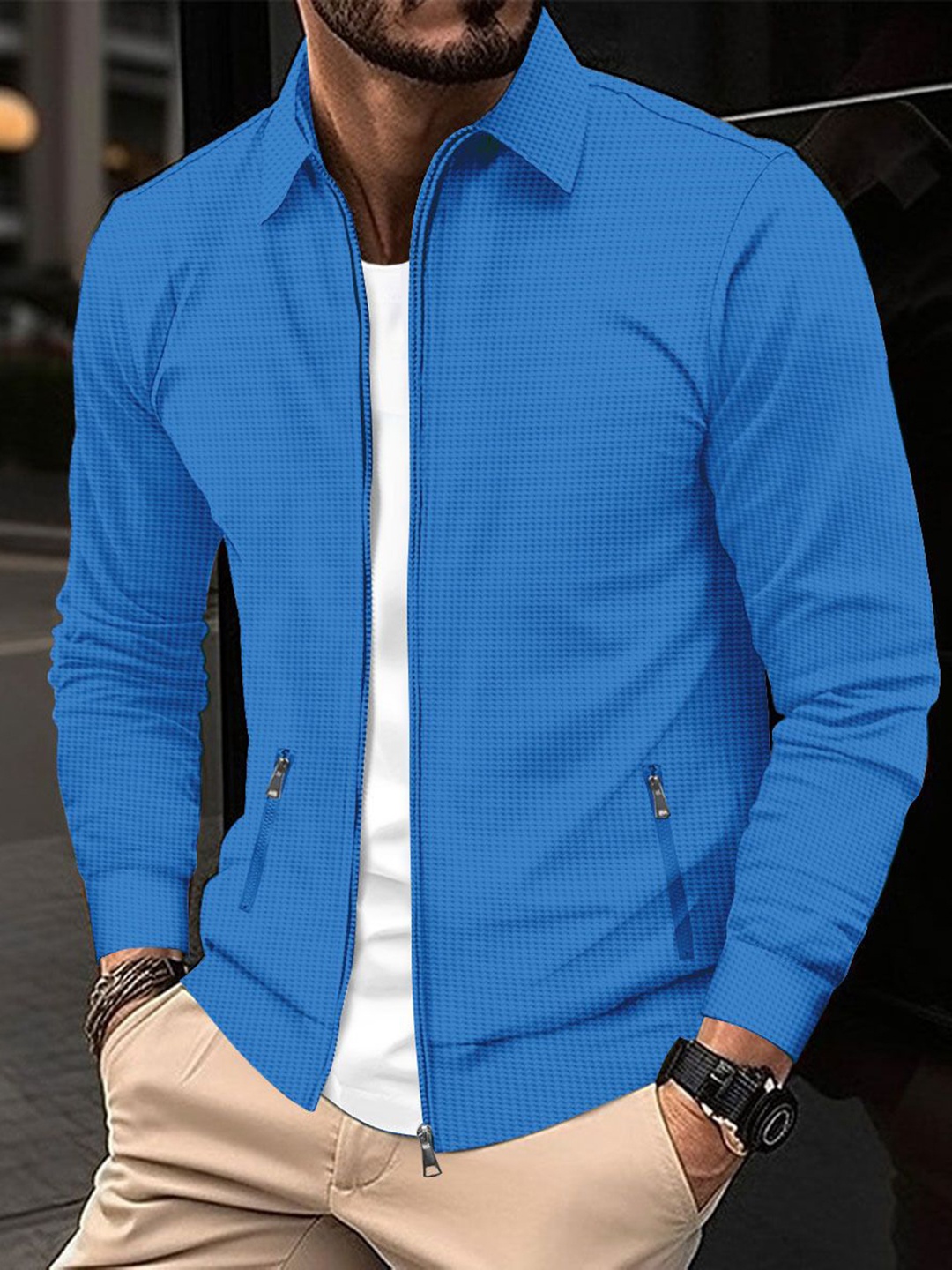

StyleCast x Revolte Men Spread Collar Self Design Casual Bomber Jacket, Blue
