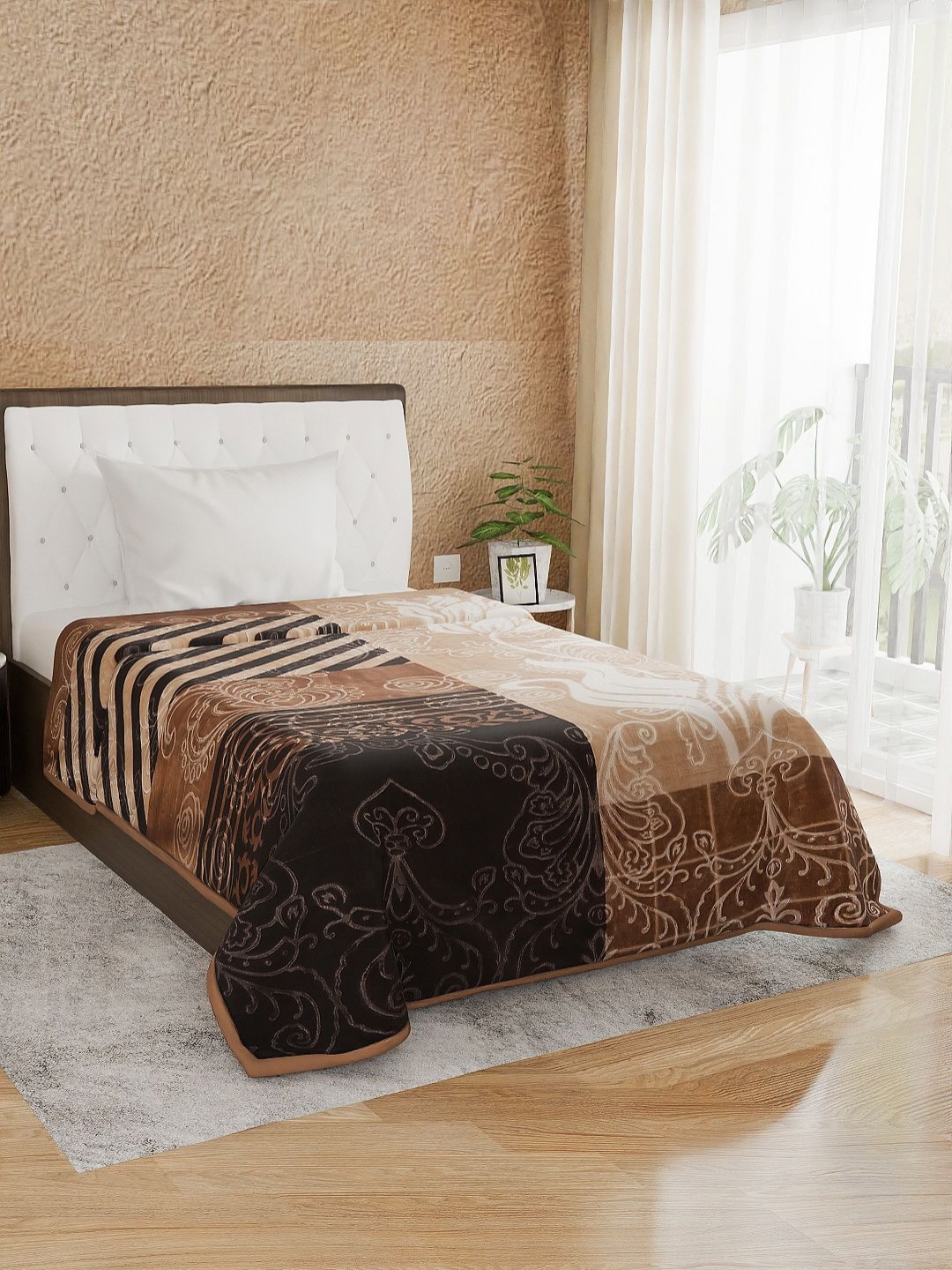 

Nivasam Brezza Brown & Black Floral Printed 1000 GSM Mink Heavy Winter Single Bed Blanket