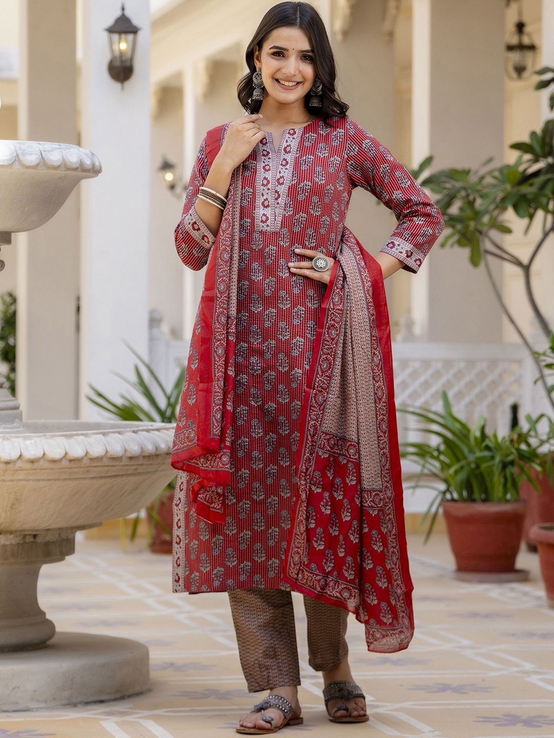 

KALINI Floral Printed Straight Kurta With Trouser & Dupatta, Red