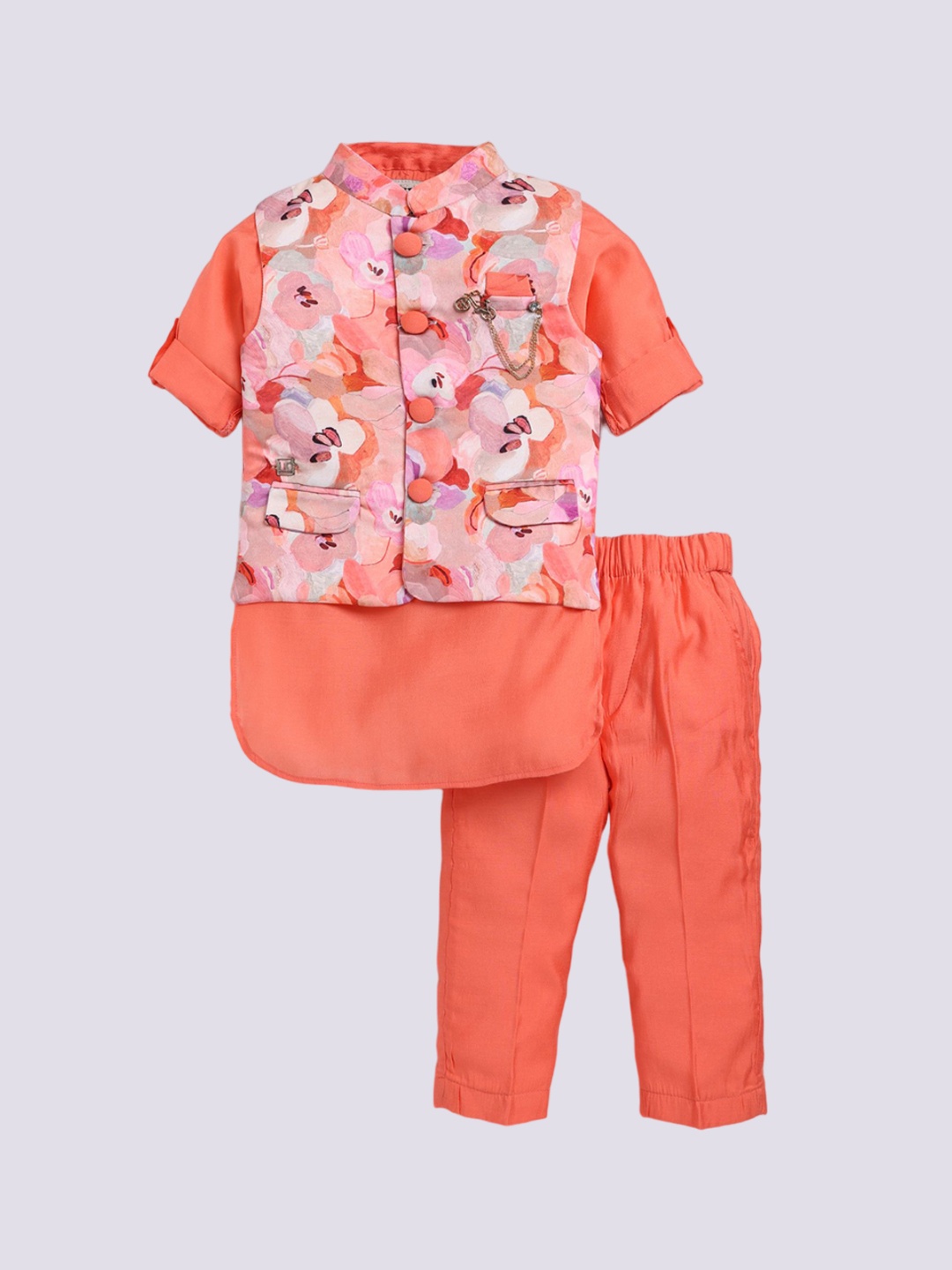 

LITTLE COLLARS Boys Yoke Design Straight Kurta with Trouser and Nehru Jacket, Peach