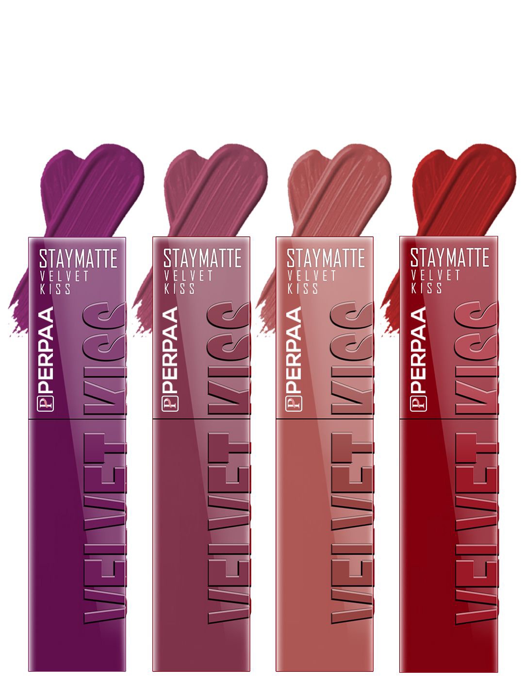 

PERPAA Velvet Kiss Set Of 4 Waterproof Liquid Lipstick-3.5 ml Each-Shades -3 - 4 - 5 -12, Purple