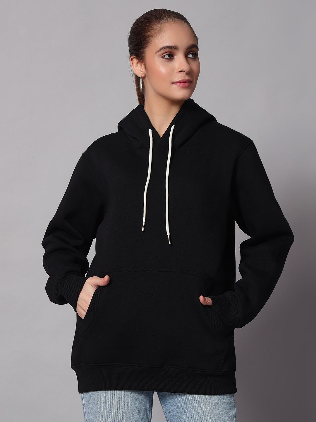 

Obaan Women Solid Hooded Long Sleeves Pullover Sweatshirt, Black