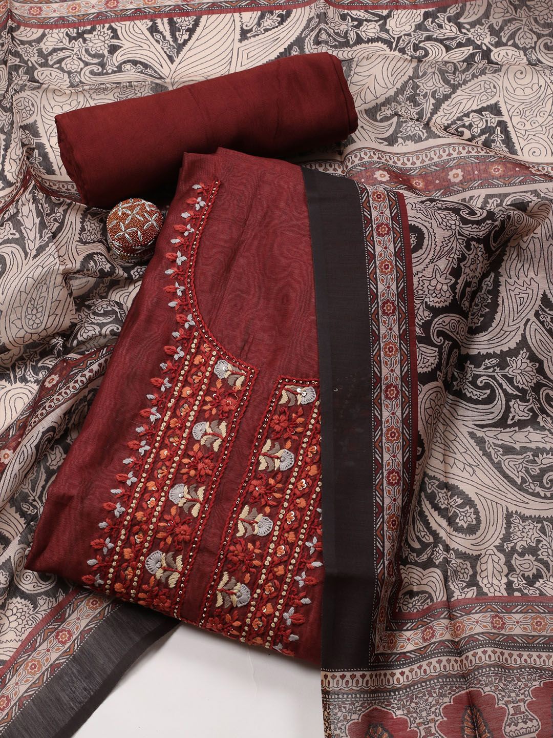 

Meena Bazaar Floral Embroidered Unstitched Dress Material, Maroon