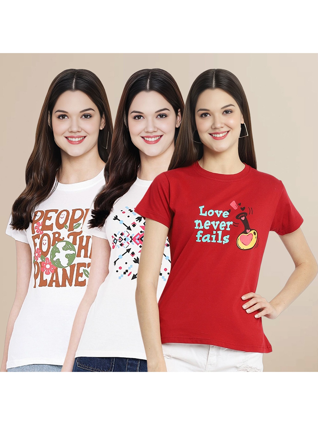 

Metronaut Women Pack Of 3 Typography Printed Round Neck Cotton T-shirts, White
