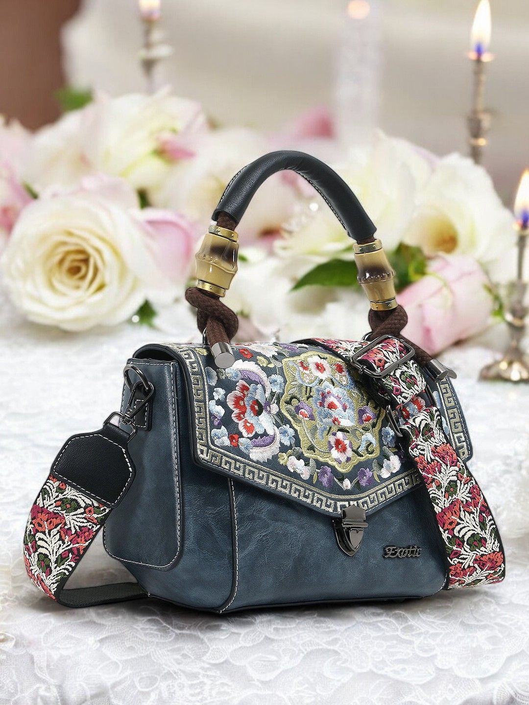 

Exotic Women Floral Printed Structured Leather Satchel Bag, Grey