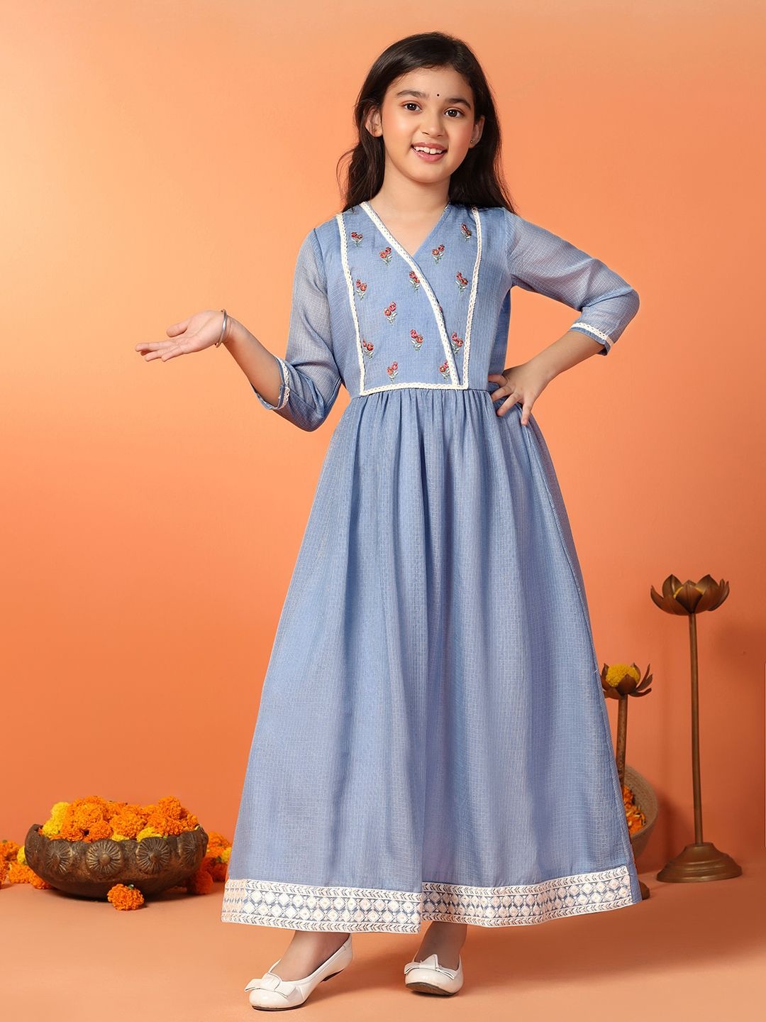 

FASHION DREAM Girls Embroidered Kota Doriya Fit & Flare Maxi Ethnic Dress, Blue