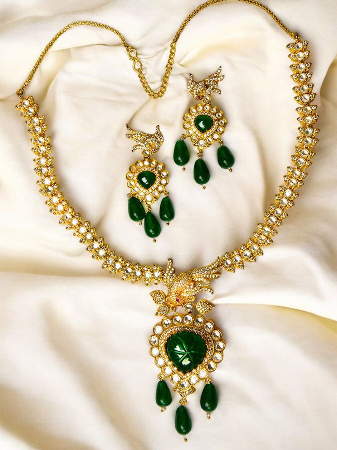 

SHARLEEZ Gold-Plated AD-Studded & Beaded Jewellery Set, Green