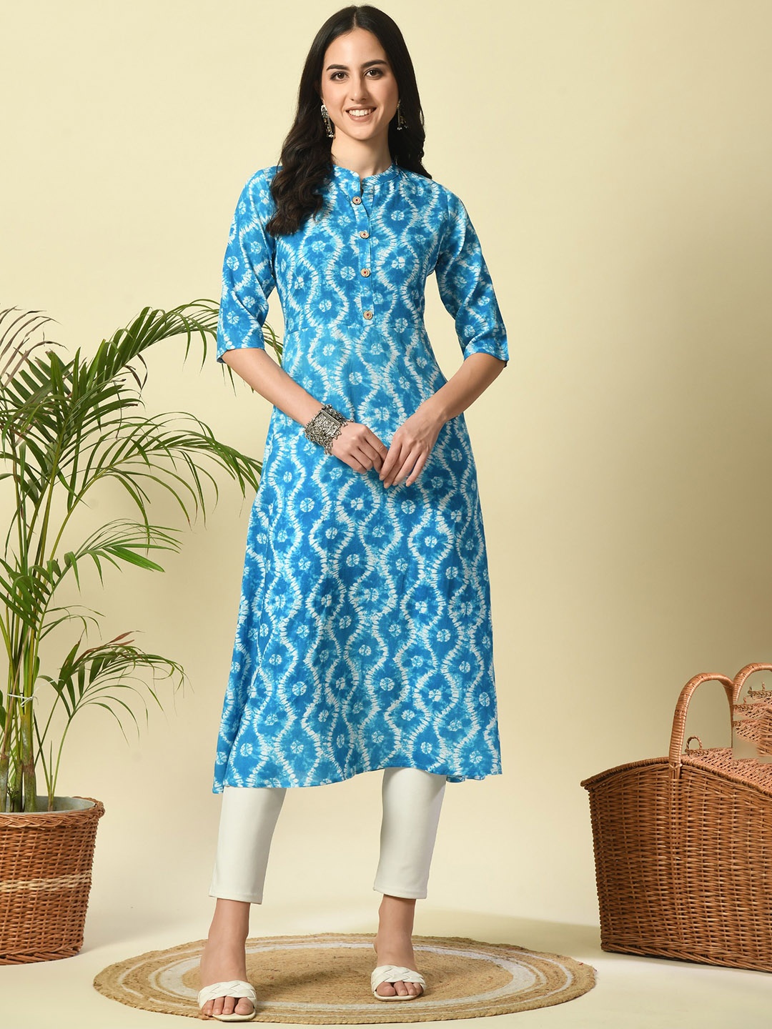 

METAFAB Chevron Printed Mandarin Collar Three-Quarter Sleeves Regular Kurta, Blue