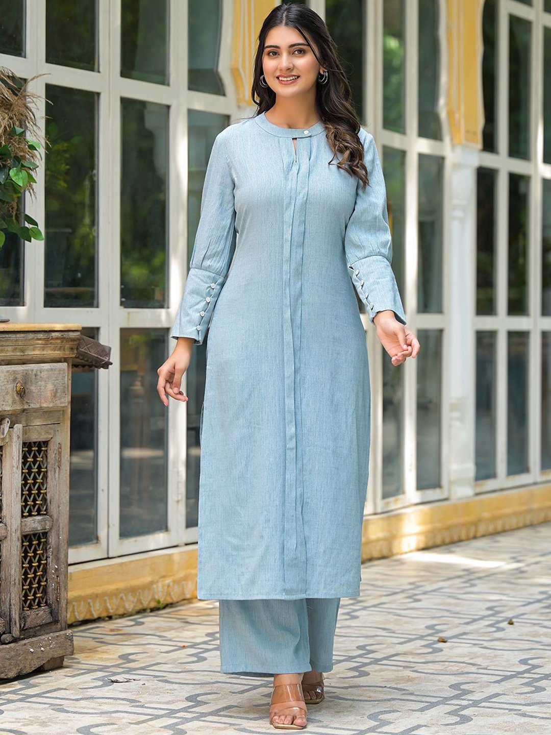 

AKS Band Collar Straight Kurta with Palazzo, Blue