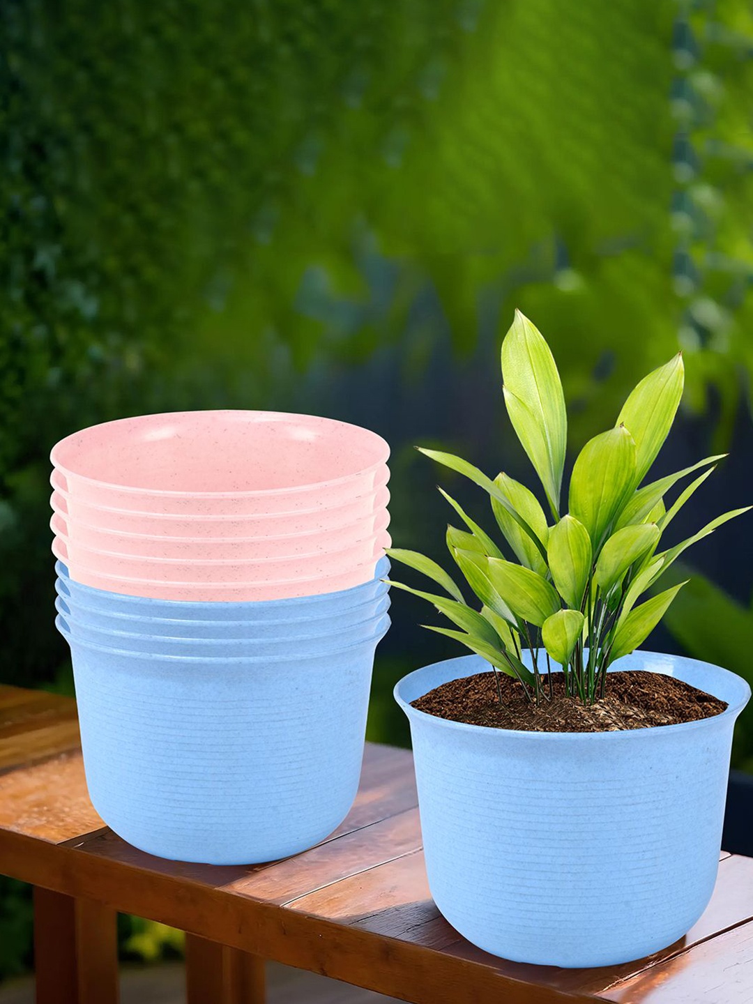 

Kuber Industries Blue & Pink 10 Pieces Textured Planters With Plates