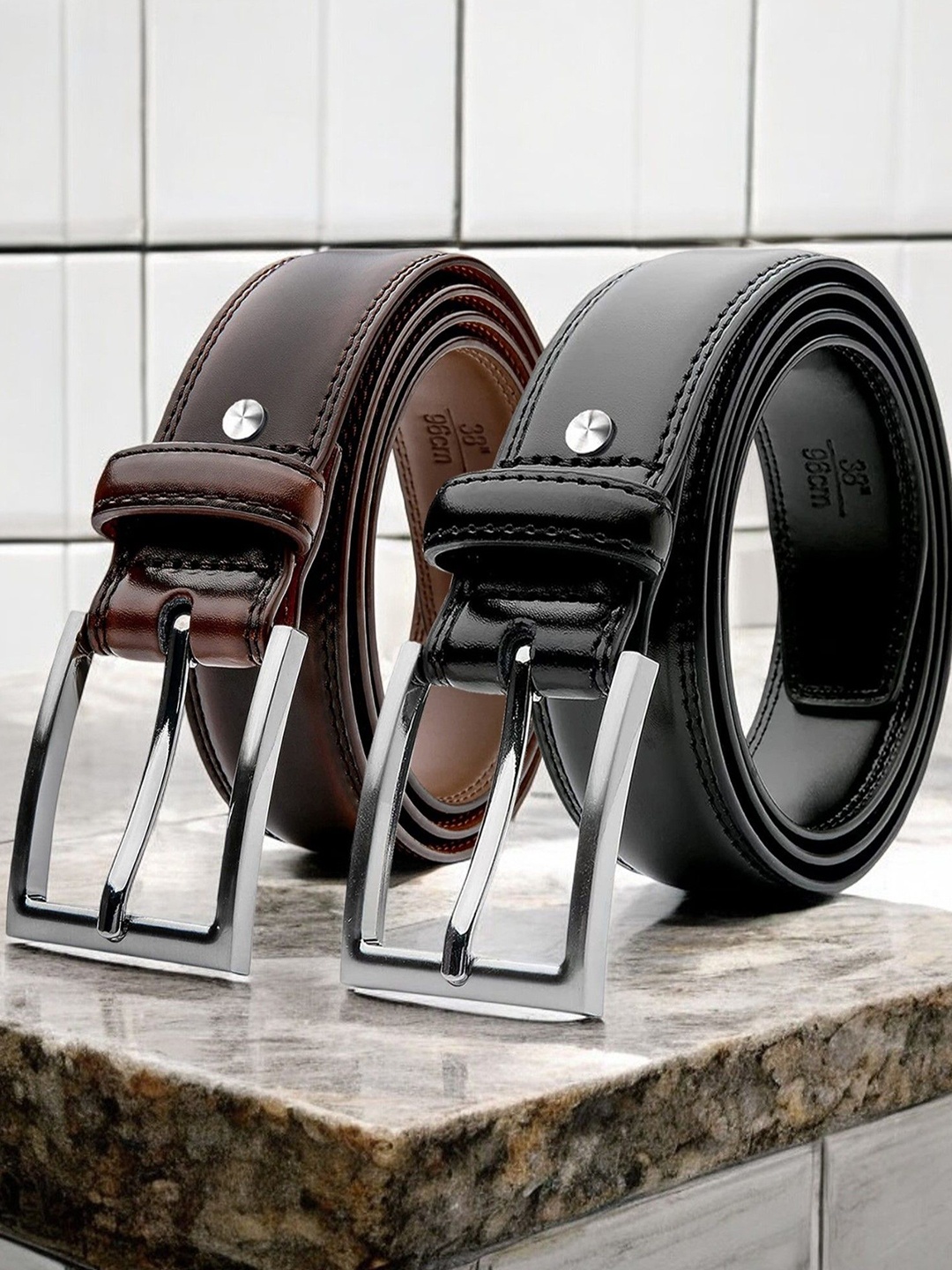 

The Roadster Lifestyle Co Men 2-Pcs Vegan Leather Belts, Black