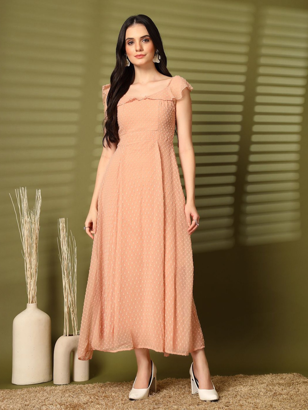 

aayu Georgette Round Neck Flutter Sleeves Fit & Flare Maxi Dress, Peach