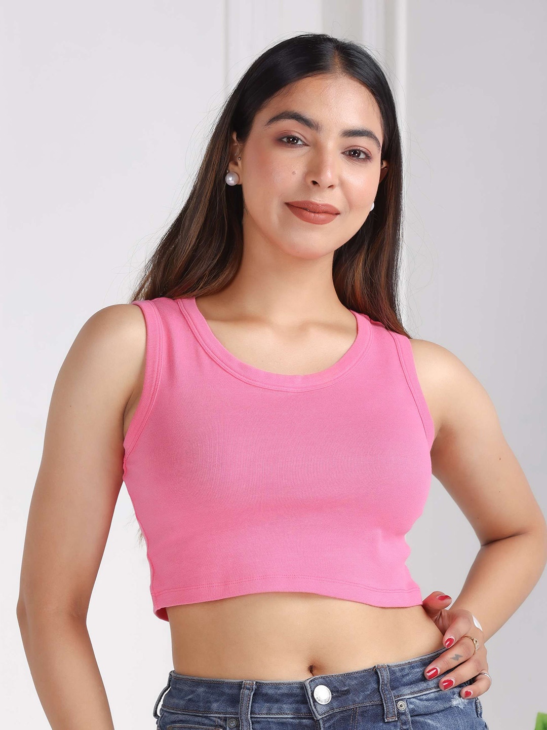 

Mlada Round Neck Regular Fit Sleeveless Cotton Ribbed Top, Pink