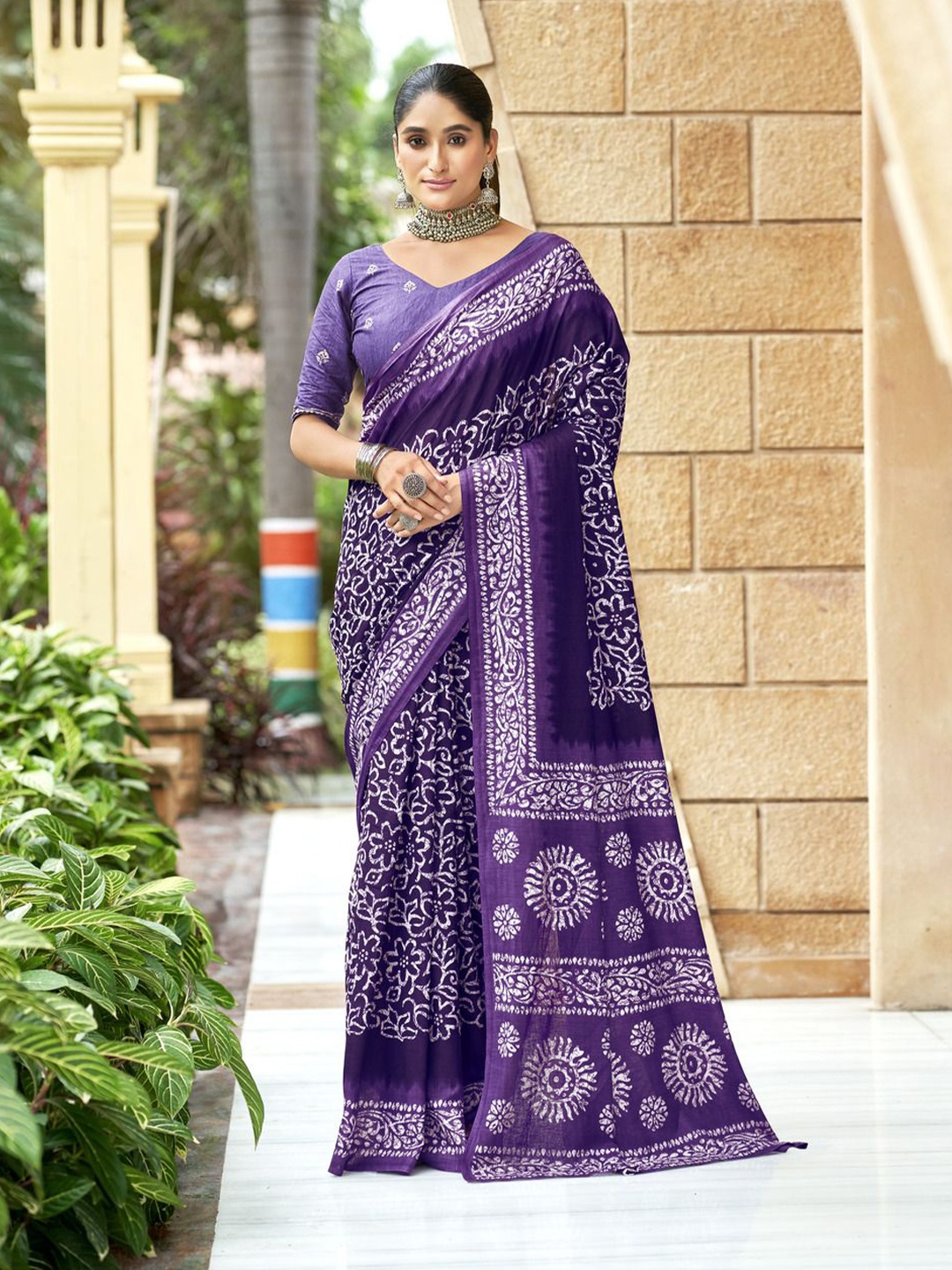 

Anouk Ethnic Motifs Printed Pure Cotton Bagru Saree, Purple