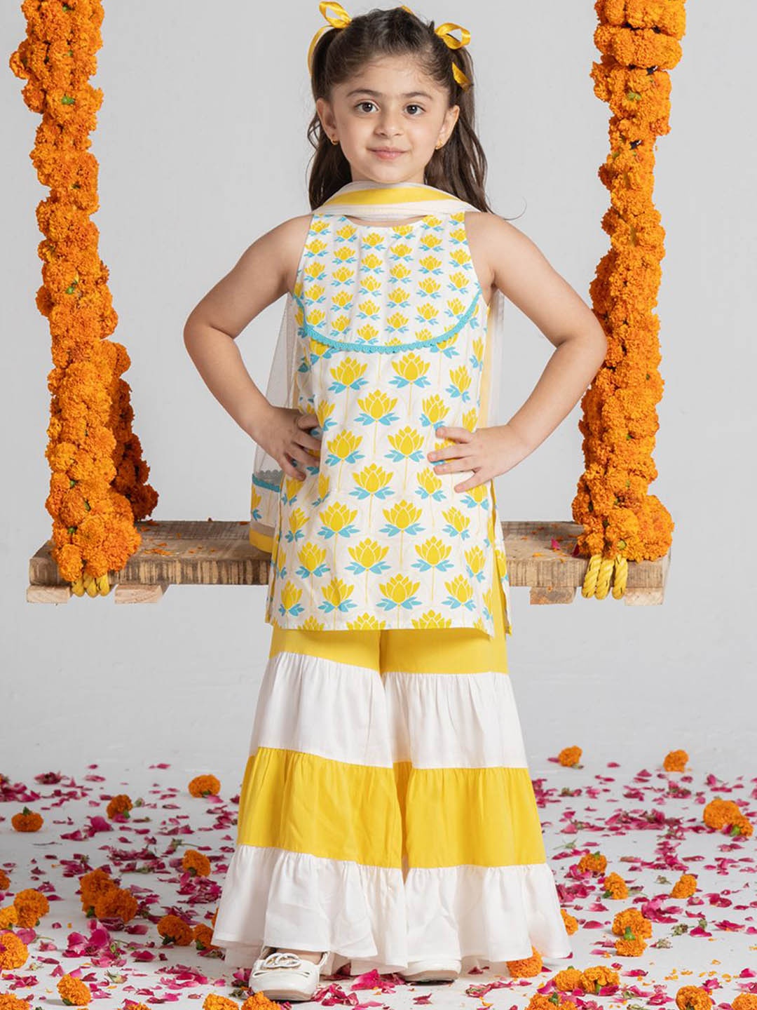 

SPUNKIES Girls Floral Printed Sleeveless Pure Cotton A-Line Kurta With Salwar & Dupatta, Yellow