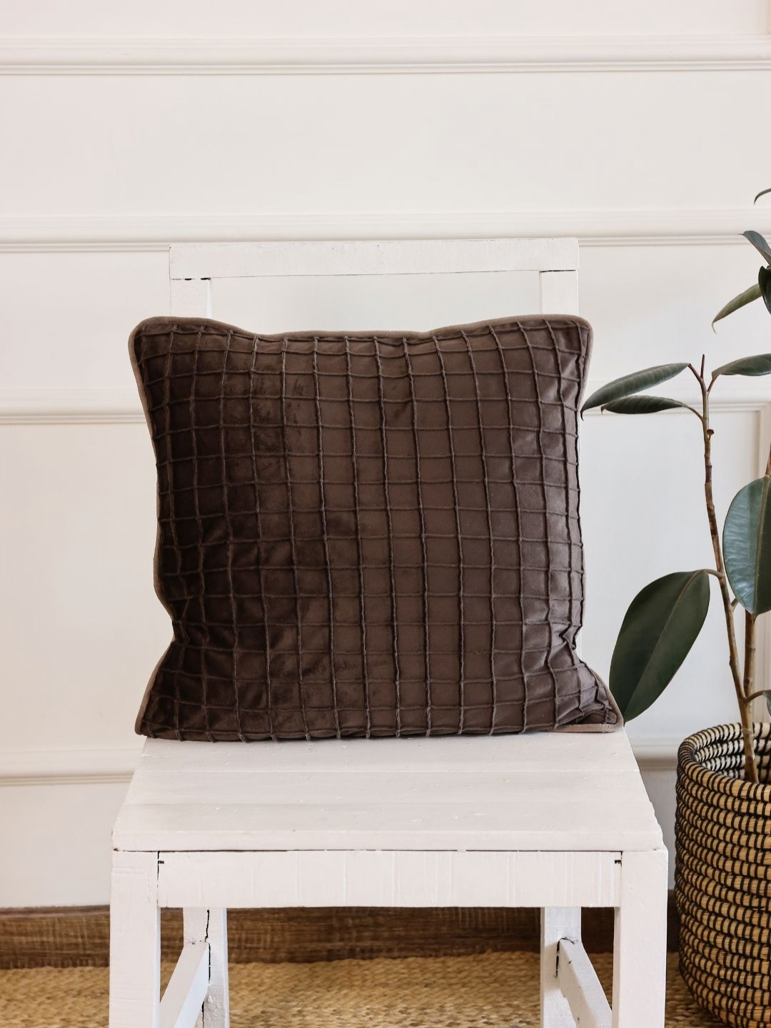

Aura Coffee Brown Checked Velvet Square Cushion Covers