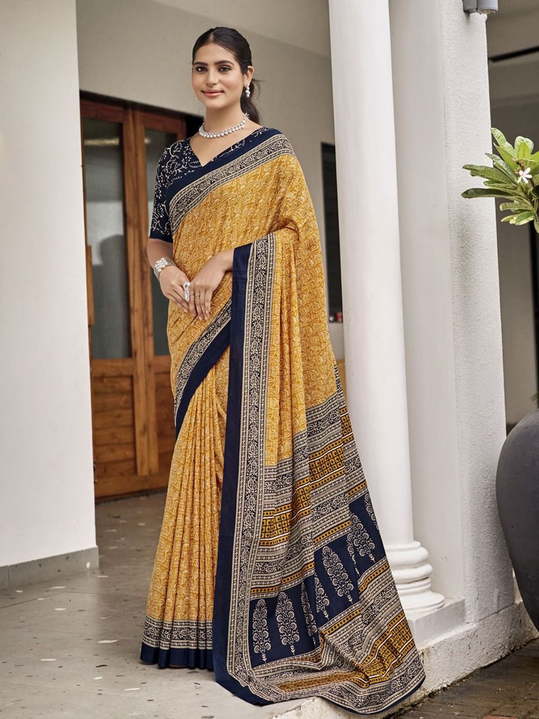 

Anouk Ethnic Motifs Printed Pure Cotton Bagru Saree, Mustard