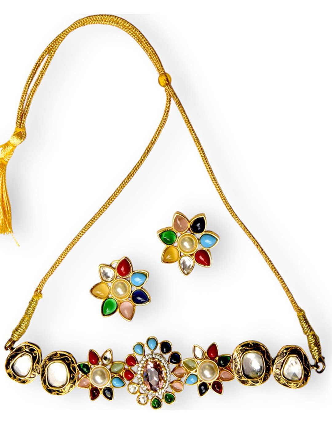 

Sharleez Gold Plated Kundan Studded & Beaded Jewellery Set