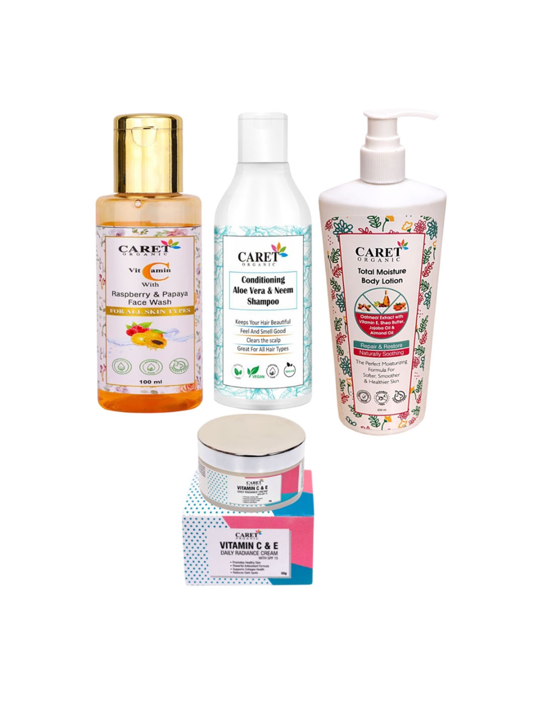 

CARET ORGANIC Set of 4 Face Wash, Aloevera Shampoo, Moisture Body Lotion & Radiance Cream, White