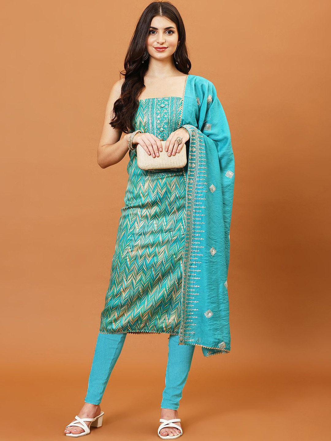 

Meena Bazaar Floral Printed Sequinned Cotton Unstitched Dress Material, Blue