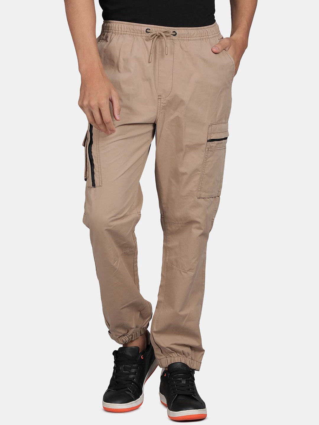 

t-base Men Regular Fit Mid-Rise Joggers Trousers, Beige