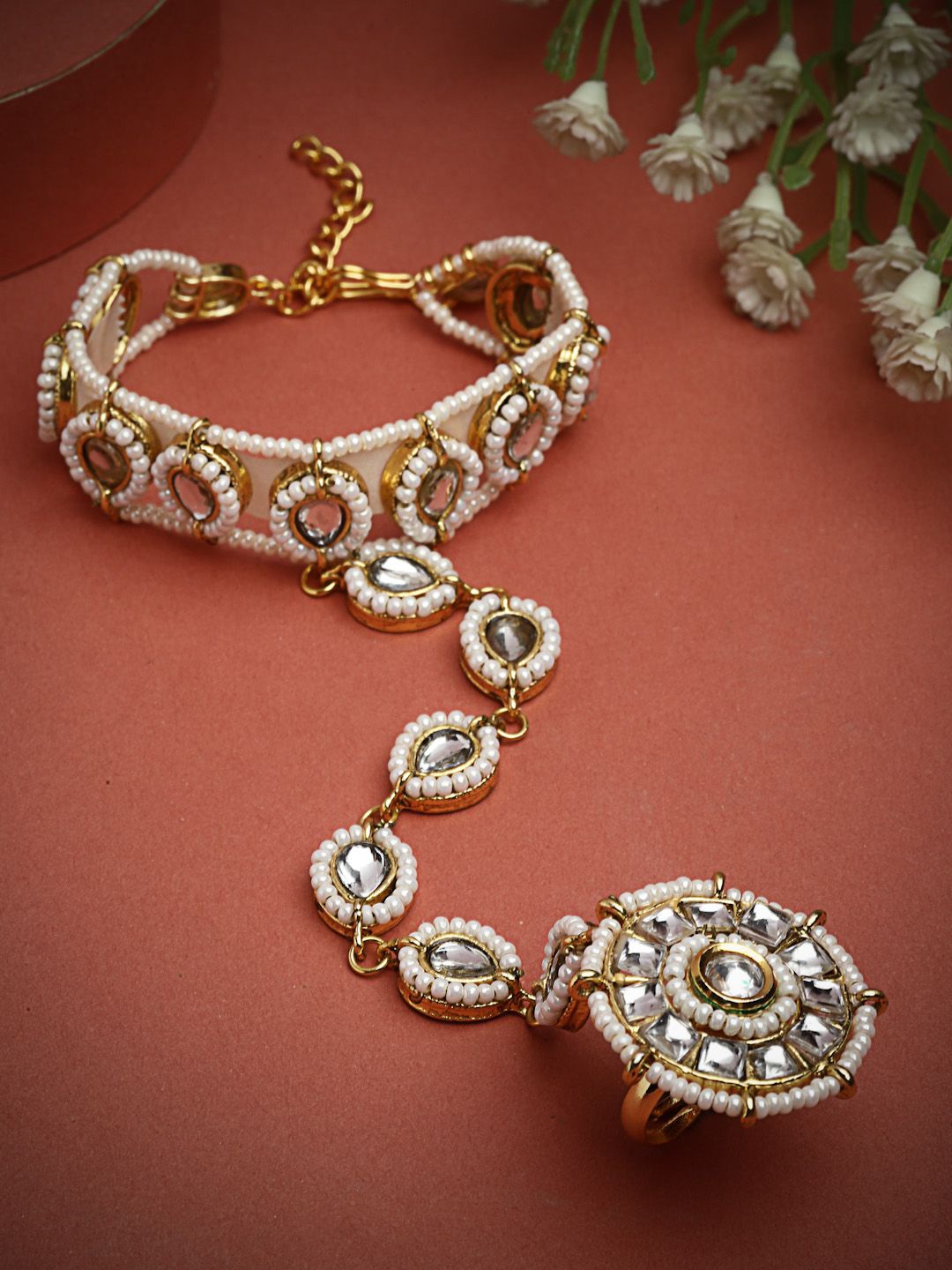 

PANASH Gold-Plated Stone Studded & Beaded Ring Bracelet