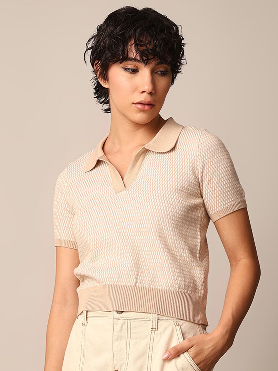 

ONLY Women Self Design Polo Collar Cotton T-shirt, Beige
