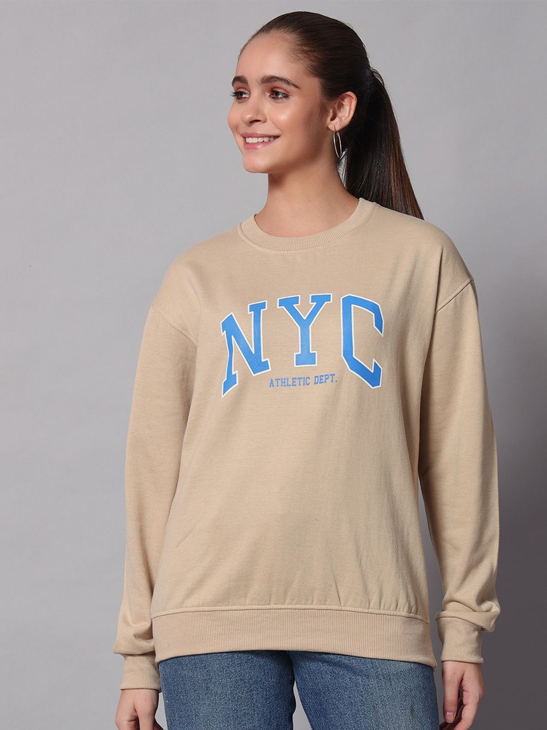 

Obaan Women Typography Printed Round Neck Sweatshirt, Beige