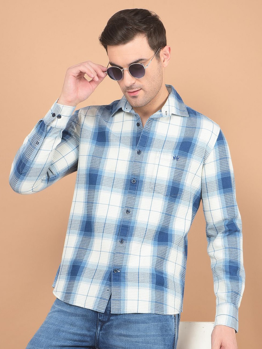 

Crimsoune Club Men Classic Spread Collar Checked Cotton Slim Fit Casual Shirt, Blue