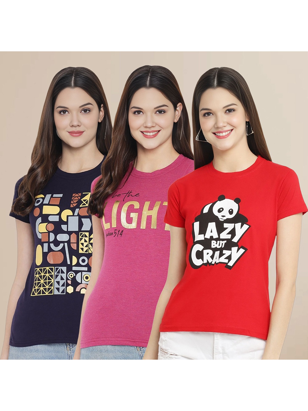

Metronaut Women Pack Of 3 Typography Printed Round Neck Cotton T-shirts, Red