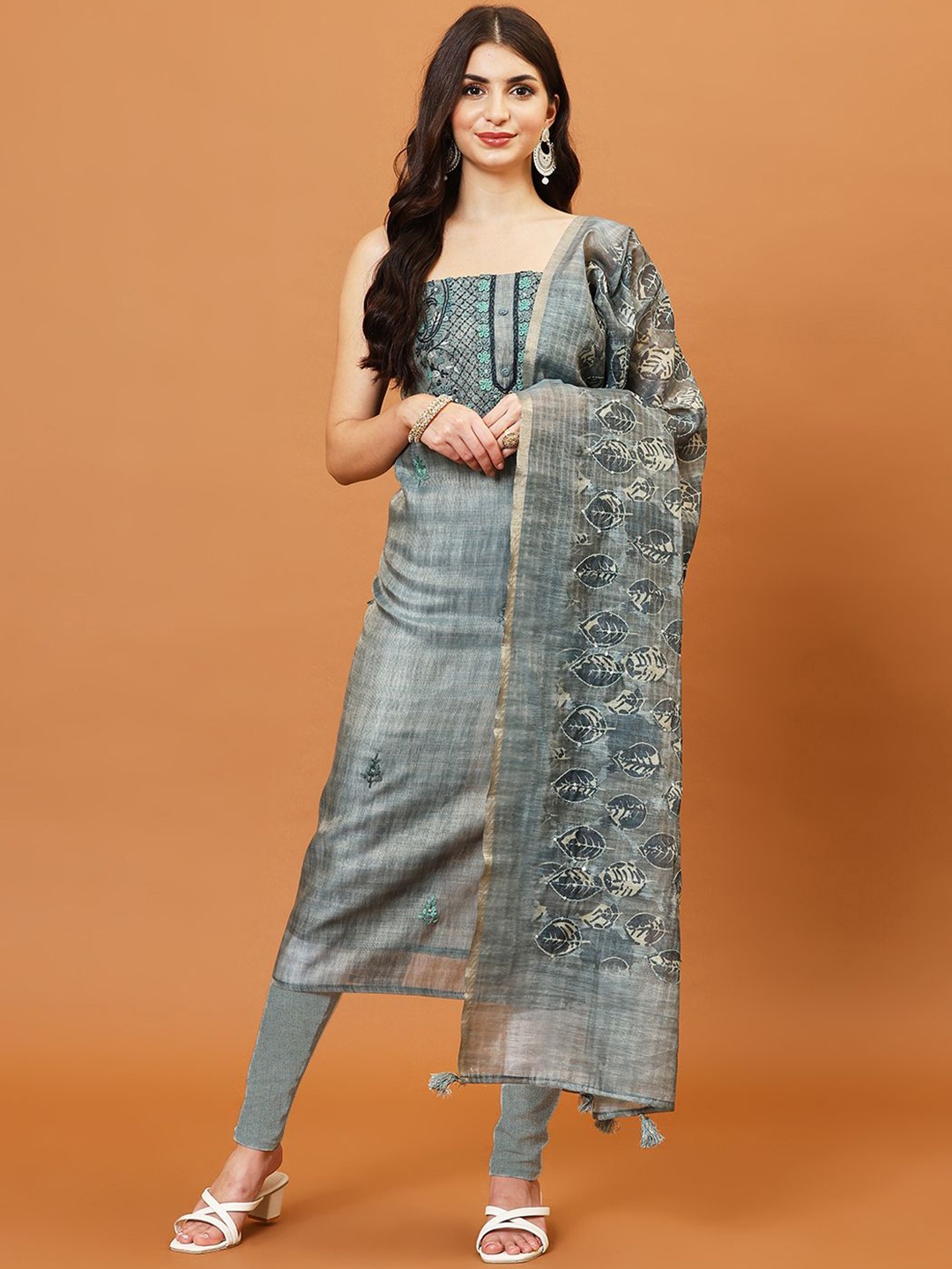 

Meena Bazaar Embroidered Thread Work Art Silk Unstitched Dress Material, Blue
