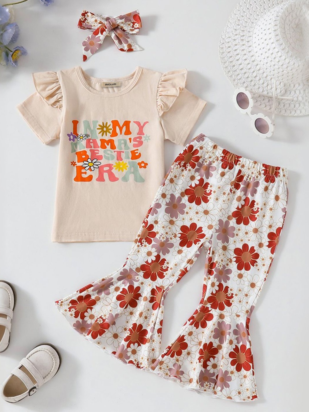 

INCLUD Girls Round Neck Printed T-shirt with Trousers, Beige