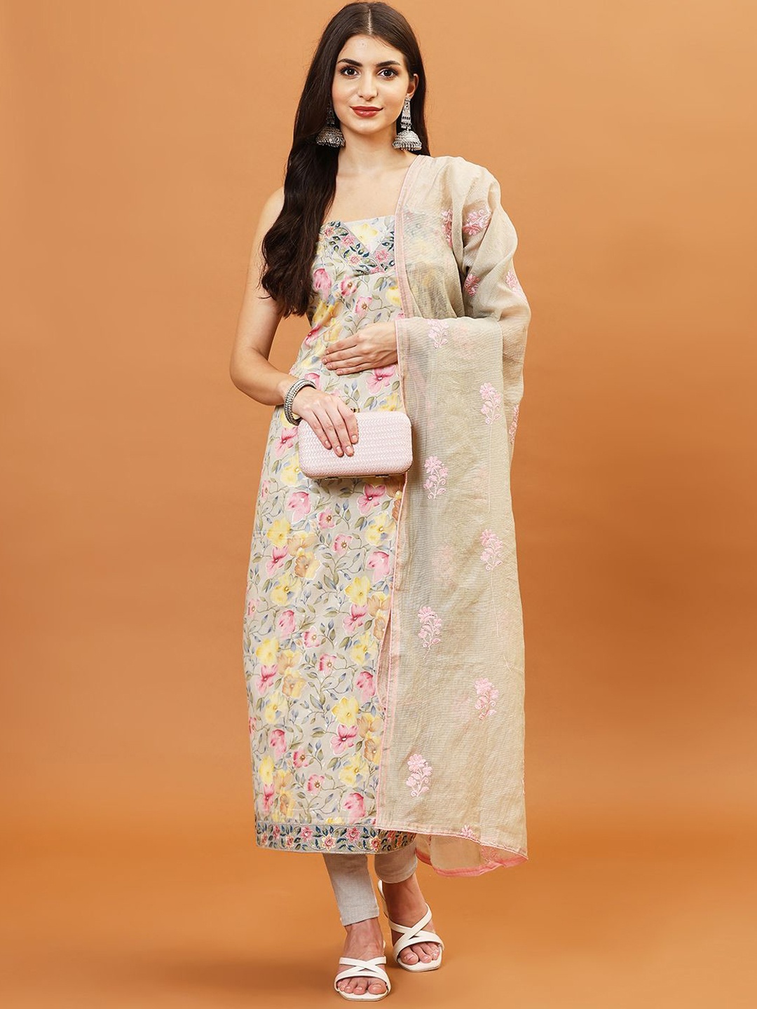 

Meena Bazaar Printed Unstitched Dress Material, Grey