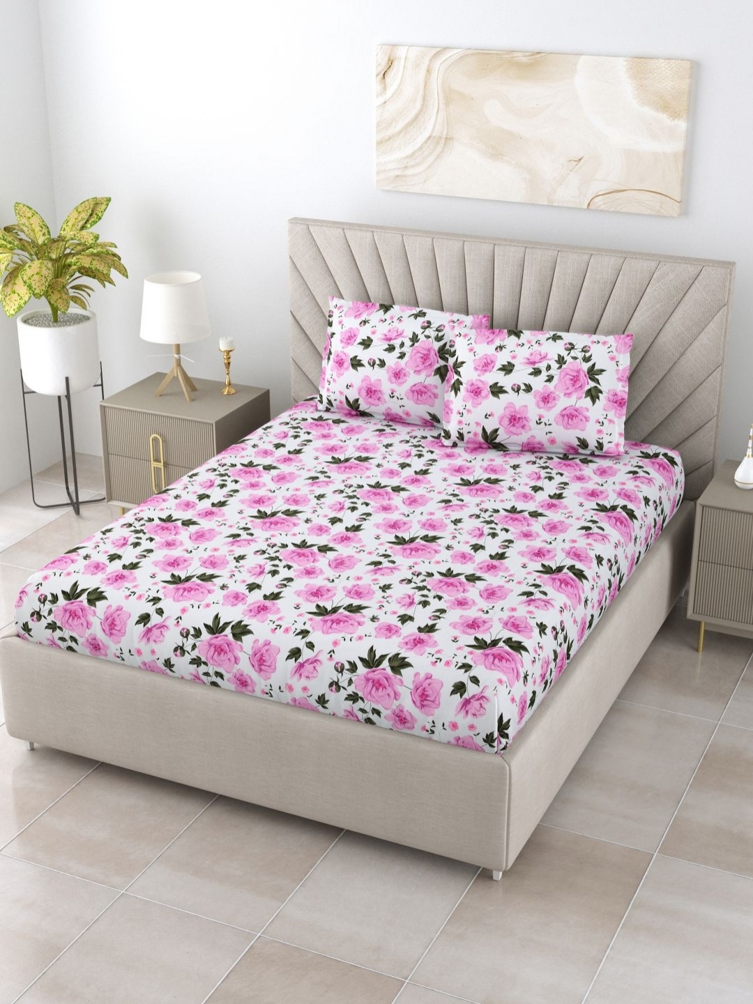 

BOMBAY DYEING Pink & White Floral 144 TC Cotton King Bedsheet Set-2.74 m x 2.74 m