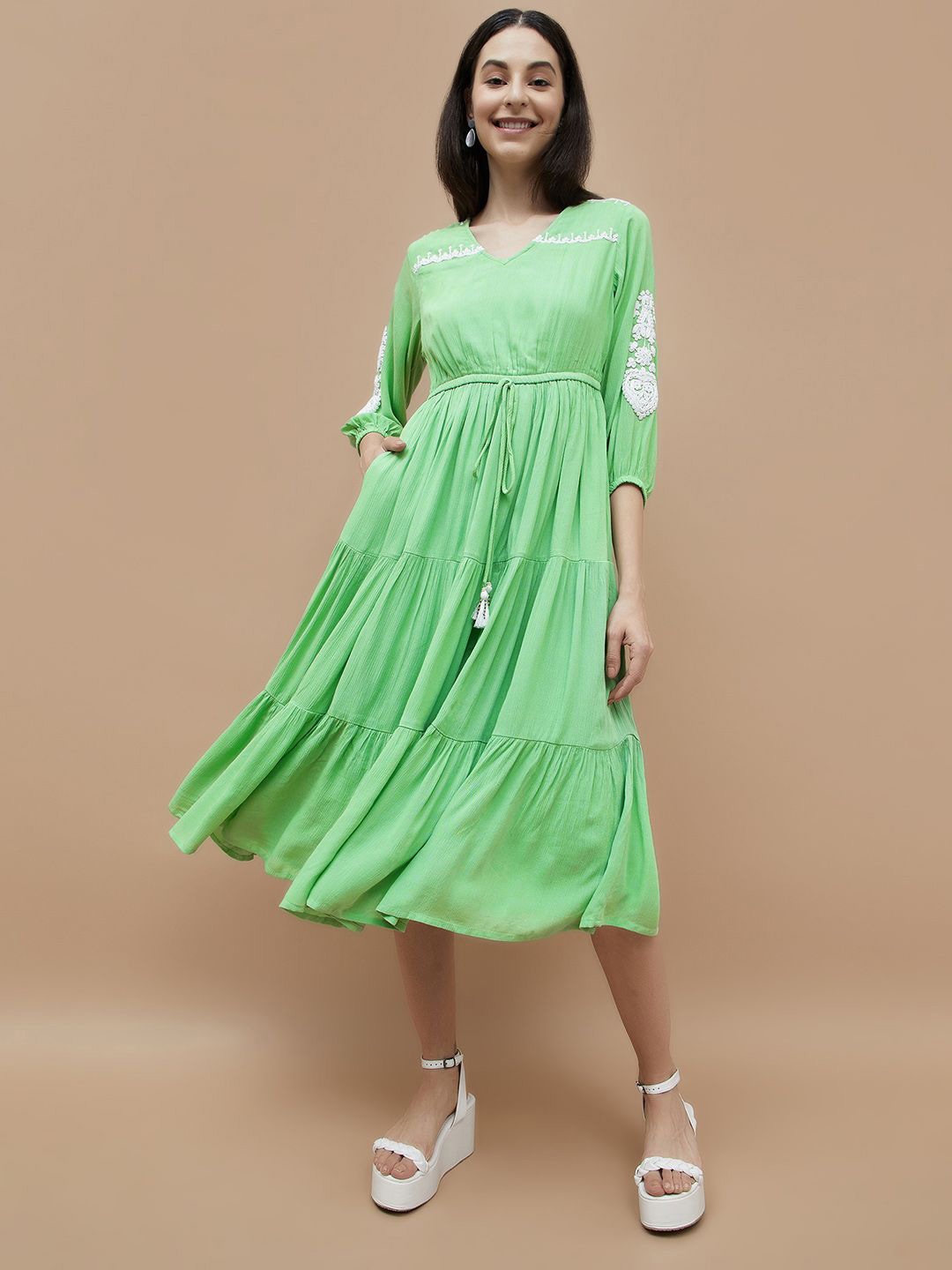 

Colour Me by Melange Women Fit and Flare Dress Detail Embroidered, Green