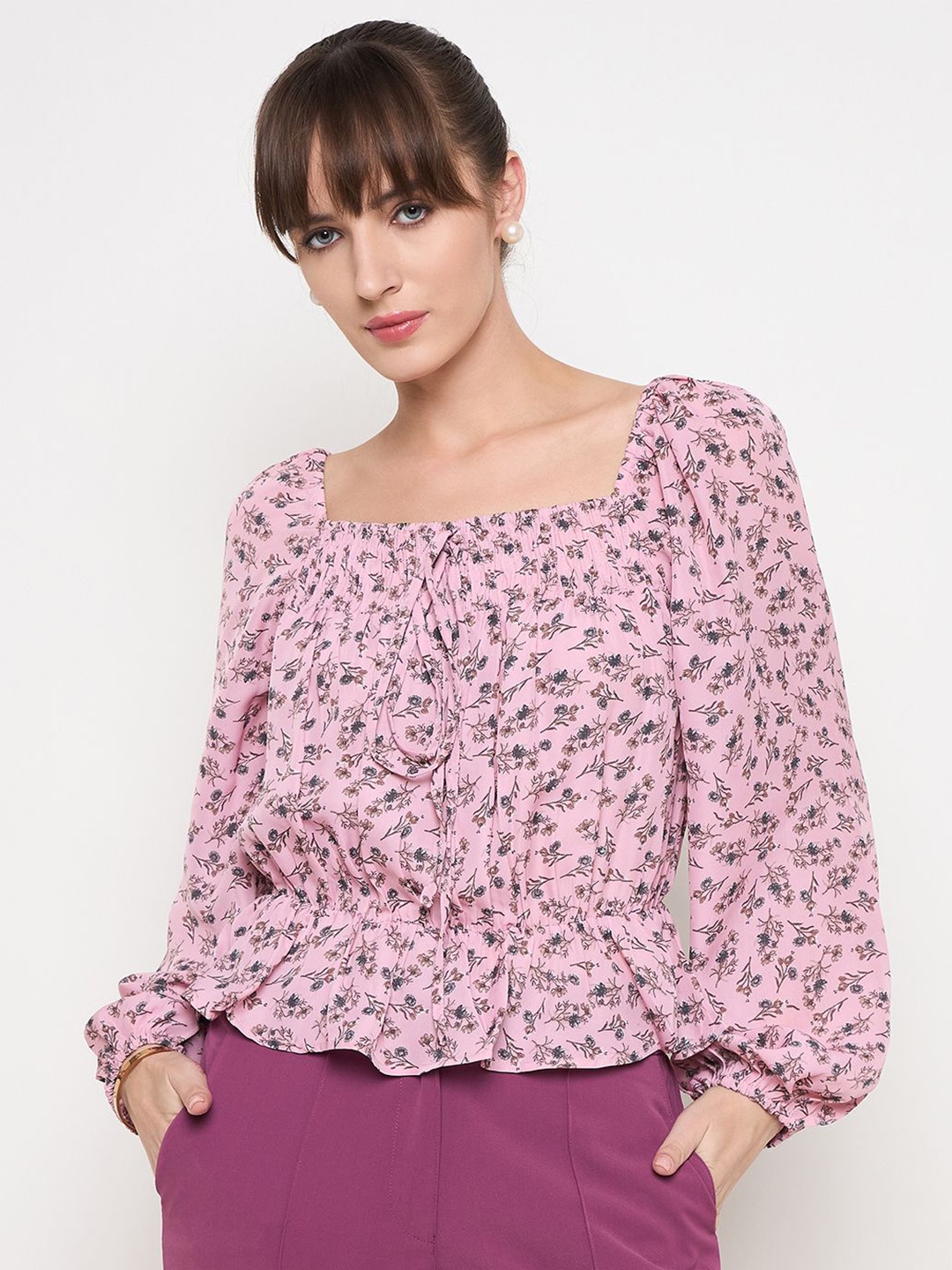 

Madame Women Floral Printed Puff Sleeve Cinched Waist Top, Pink