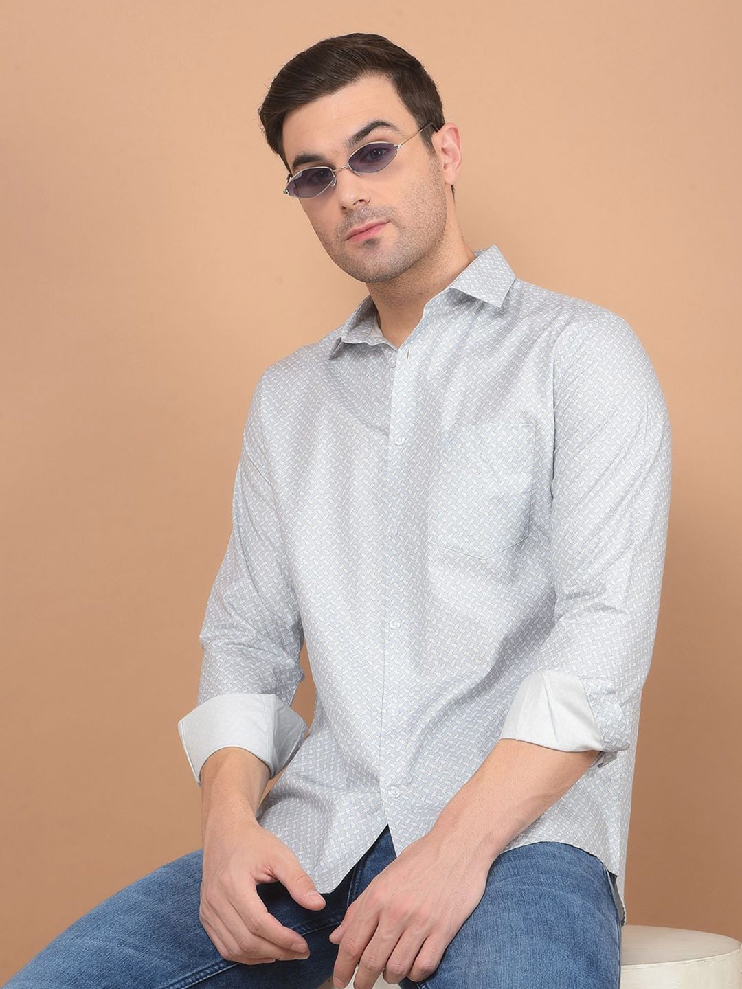 

Crimsoune Club Men Classic Spread Collar Abstract Printed Cotton Slim Fit Casual Shirt, Blue