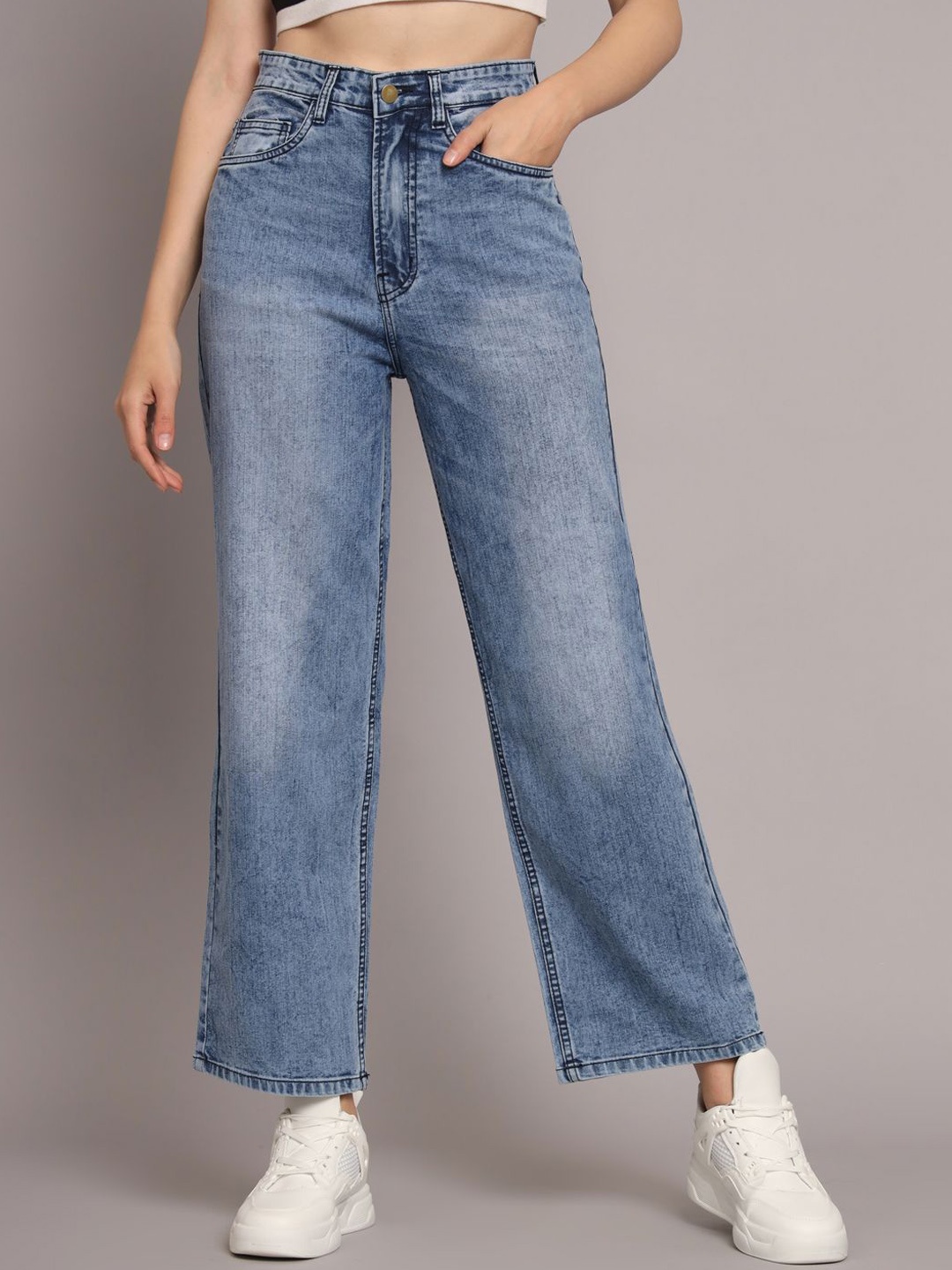 

The Roadster Lifestyle Co Women Cotton High Rise Cropped Length Flared Fit Jeans, Blue