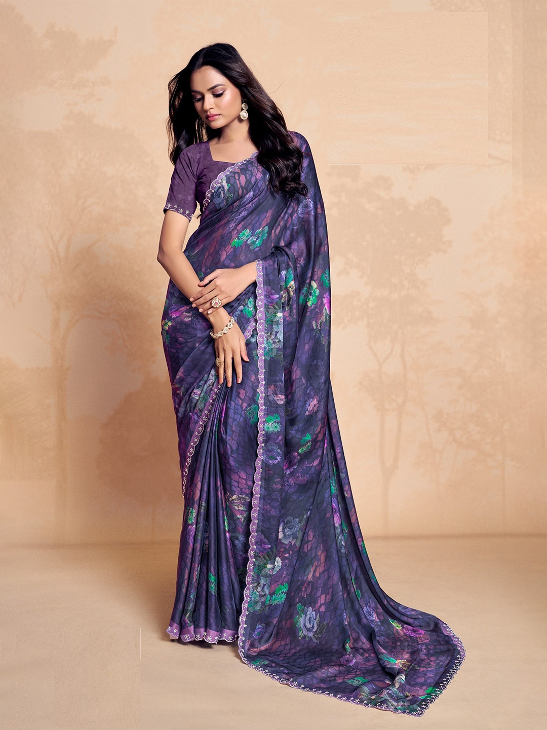 

MAHALASA Beads and Stones Floral Printed Satin Saree, Purple