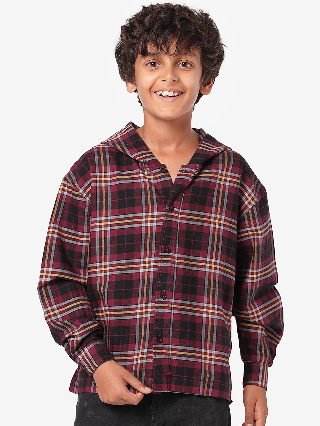 

BONKIDS Boys Hood Tartan Checked Cotton Casual Shirt, Red