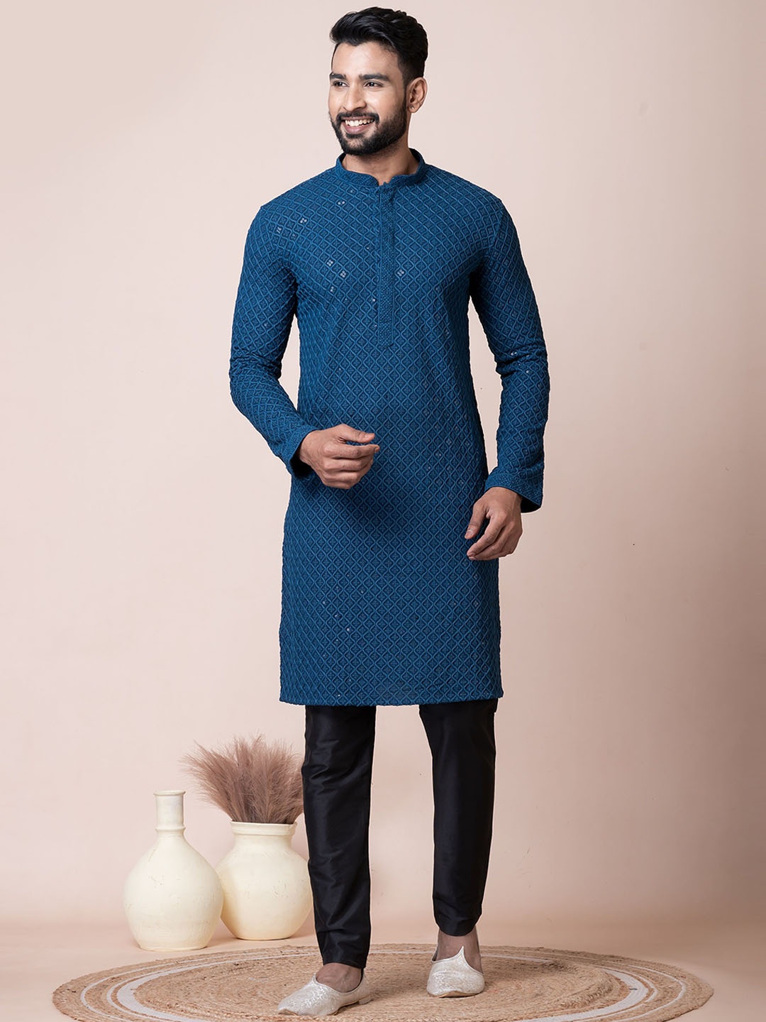 

HERE&NOW Turquoise Blue Mandarin Collar Chikankari Cotton Straight Kurta