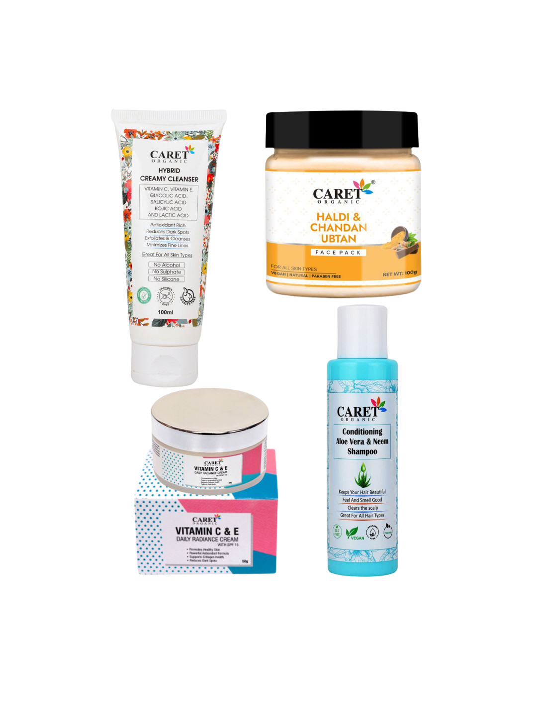 

CARET ORGANIC Set of 4 Face Wash & Daily Cream & Aloevera Neem Shampoo & Face Pack, White