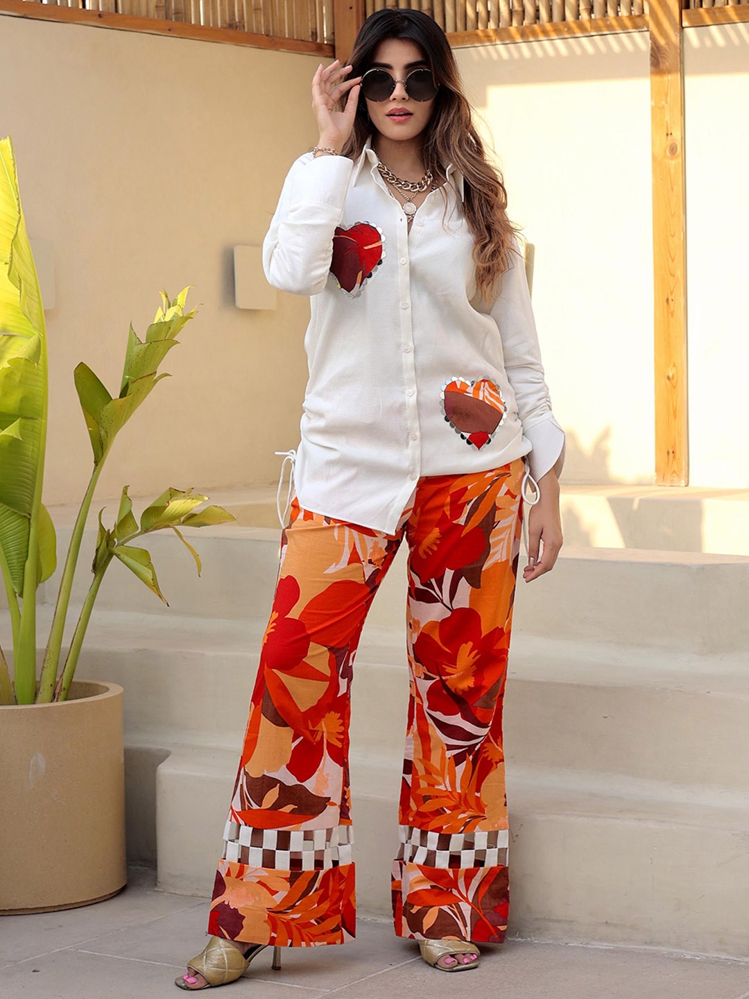 

LABEL ADITI HUNDIA Patch Work Shirt Collar Long Sleeves Pure Cotton Shirt With Palazzo, White